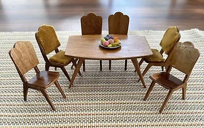Dollhouse Miniature Mid Century Modern Style Wood Dining Table And Six Chairs  • $46