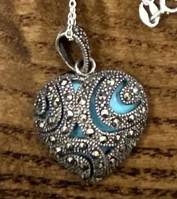 VINTAGE Marcasite Filigree HEART Necklace - Turquoise Back & Sterl. Silver Chain • $36