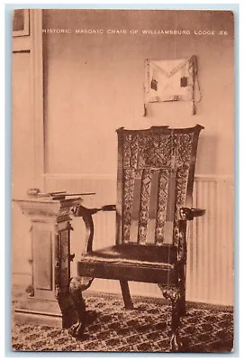 C1940's Historic Masonic Chair Of Williamsburg Lodge Virginia VA Postcard • $14.98