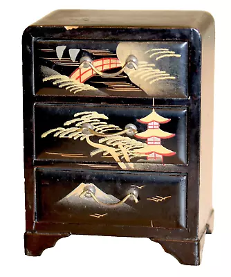 Vintage JEWELRY BOX WOOD CHEST 3 Drawer HAND PAINTED Japan 4x 5.5 X2.5 Lacquered • $17.99