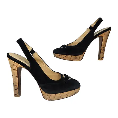 Michael Kors Shoes Womens 5.5 Black Suede Cork Slingback Heels Platform Round • $44.99