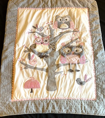 $20 • Buy LEVTEX Baby Quilt Comforter Owls And Birds Pink Gray White Nursery Bedding