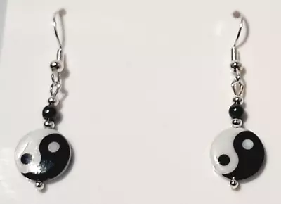 Mother Of Pearl Shell & Hematite Ying Yang Earrings 925 Silver 4.5cm Drop E89 • £4.99