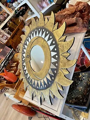 Mosaic Mirror Garden Hanging Moon & Sun Gold Round 24” D Bali  By Zenda Imports • $110