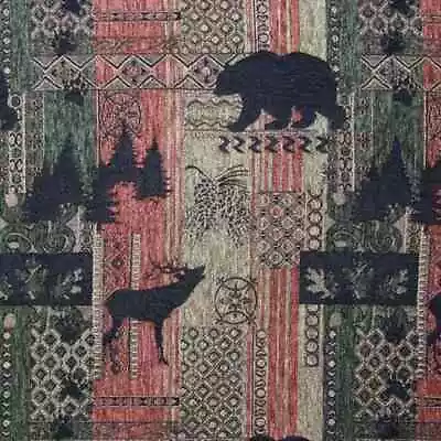 Brentwood Bear Elk Pine Trees Cabin Chenille Upholstery Fabric Lodge Furniture • $29.95
