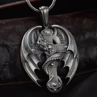 Mens Gothic Winged Dragon Skull Cross Pendant Necklace Biker Jewelry Chain 24  • $9.99