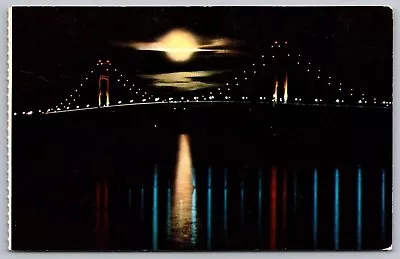 Michigan Mackinac Bridge Scenic Moonlight View Landmark Chrome Postcard • $3