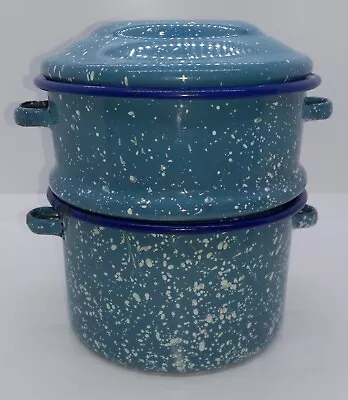 Vintage Graniteware French Miners Lunch Pail Blue Speckle Enamel 2 Pans + Lid • $15.99