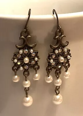 Antique Style Edwardian Georgian Seed Pearl Dangle Drop Chandelier Earrings • £22.49