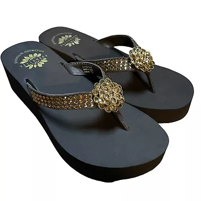 Yellow Box Flip Flop Thong Sandals Size 5.5 P-Mead Brown Leather Embellished • $28.88