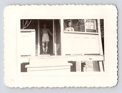 C1940s-50s Young Couple~Man In Underwear~Front Door Porch~Vintage B&W MCM Photo • $7