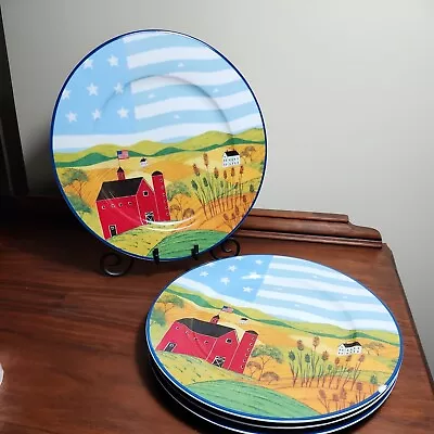 Gibson Home Warren Kimble Set Of 4 Dinner Plates Red Barn And Flag 10 5/8  • $30