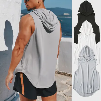 Men Vest Hooded Tank Top Workout Hoodie Muscle Tee Casual T-Shirt Sleeveless Gym • £3.59