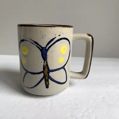 Vintage | Speckled Large Butterfly Tan Brown Blue Yellow Coffee Mug • $14.95