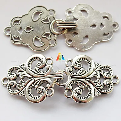 SEW ON FANCY Antique Silver METAL Decorative Hook & Loop CLASP  65x28mm   _815 • £3.79