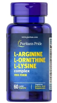 L-Arginine L-Ornithine L-Lysine 60 Coated Capsules Vegetarian Puritans Pride • £20.13