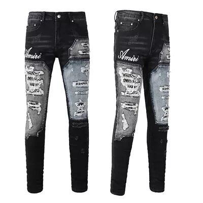 New Pop Style Ripped Patchwork Pants Men's Skinny Fit Black Denim Jeans AM1322C • $58.15