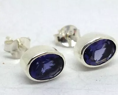 Iolite Oval Stud Earrings Solid Sterling Silver. 7 X 5mm Bezel Set Gift Box. • £21.99