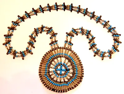 Vintage Lage Beaded Safety Pin Boho Hippy Necklace Blue And Gold Statement • $17.99