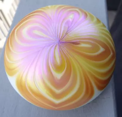 Signed Charles Lotton 1975 Golden Iridescent Pulled Feather Glass Paperweight • $185