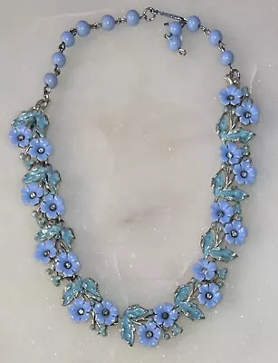 Coro Lucite Resin Rhinestone Blue Flower And Bead Necklace • $75.65