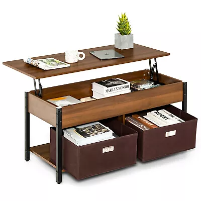 Proteak Lift Top Coffee Table Pop-up Central Table W/ 2 Folding Drawers • $89.99