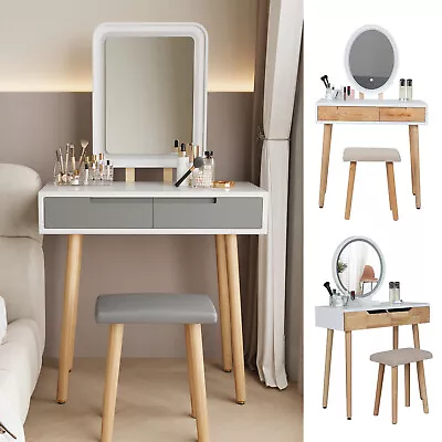 Makeup Vanity Set Dressing Table Desk With Stool LED Lighted Mirror Drawers Wood • $125.99