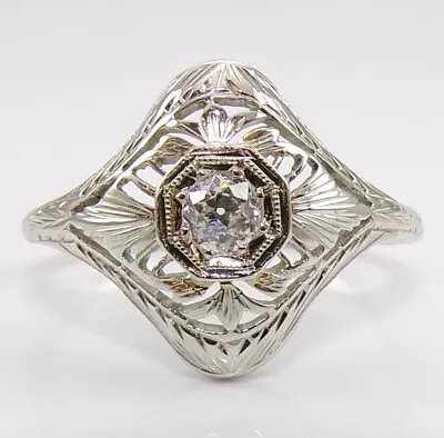 VTG Antique Art Deco 0.20ct Mine Cut Diamond Filigree 18K White Gold Ring LNC2 • $499.99