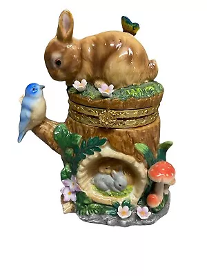 Porcelain Easter Bunny Stump Bird Hinged Trinket Box 6” Figurine • $19.99