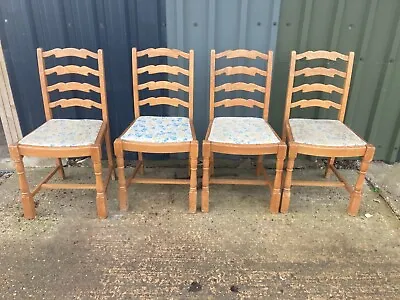 Vintage Oak Ladder Back Kitchen Dining Chairs X 4 With Fabric Seats • £99.99