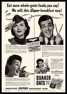 1942 Quaker Oats Oatmeal Quick Mothers Oats  America's Super Breakfast  Print Ad • $9.95