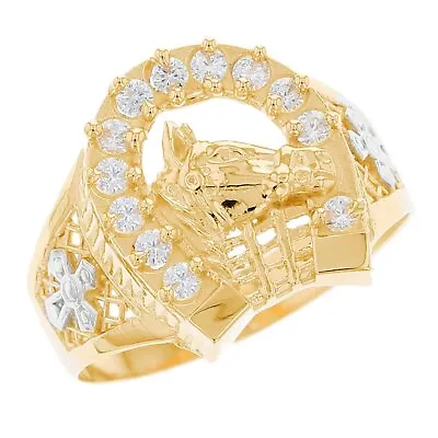 10k Or 14k Two Tone Solid Gold Horse Lucky Horseshoe CZ Mens Ring • $259.99