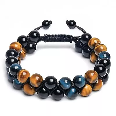 Mens Triple Protection Obsidian Blue Tiger Eye Crystal Healing Hematite Bracelet • $9.99