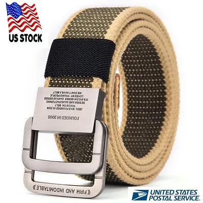 Mens Canvas Belt Military Webbing Casual Jeans Adjustable Double D Ring Buckle • $15.95