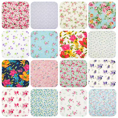 VINTAGE FLORAL FABRIC Pink Blue White Flower Rose POLYCOTTON MATERIAL Half Metre • £3.25