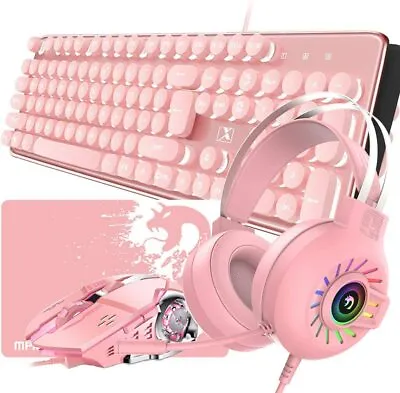 $72.99 • Buy Pink Rechargeable 2.4G Wireless Keyboard & Mouse & Wired Headphone LED Backlit 