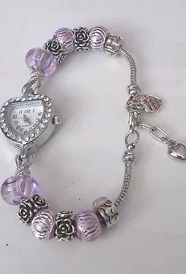 £9.99 • Buy Ladies Quartz Heart European Charm Bracelet Watch Choice Of 9 Colours