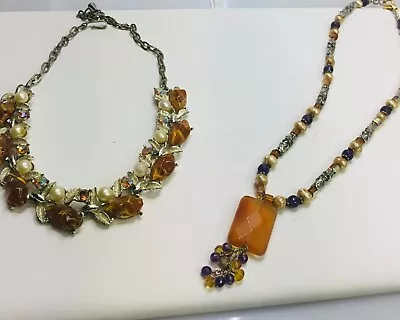 Vintage Lot Of 2 Faux Pearl Brown Stones Floral Statement & Beaded Necklaces • $59.99