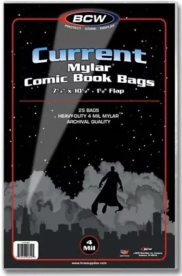 Current Mylar Comic Book Bags 4 Mil Pack Of 25 BCW Archival Polyester Semi Rigid • $24.98