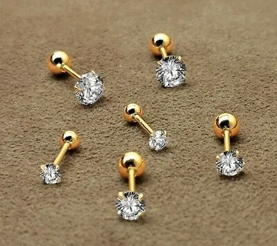 Gold Round CZ Crystal Stud Earrings Screw Back Surgical Steel Ear Stud 2-6mm 2PC • $8.99