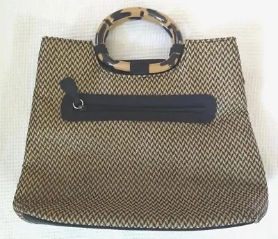 MARLO Purse Handbag Black & Tan 12  Double Acrylic  Handles Outside Pocket • $16.95