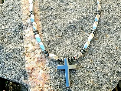 Holy 2 Sided Cross Magnetic Therapy Silver N Black Hematite NECKLACE • $48.99