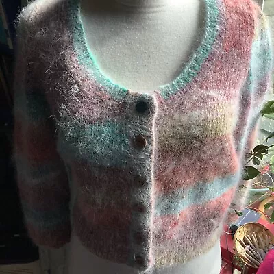 Noro Cardigan Handknit Wool Angora Silk Kochoran Jumper Rainbow Stripes VGC M • £55