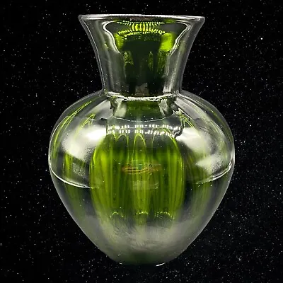 Murano Art Glass Hand Blown Dark Green Round Big Mouth Vase 10.5”T 7”W • $145