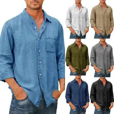 Men Denim Shirt Long Sleeve Turn-Down Collar Button-Up Chest Pocket Casual Top❤ • $14.80