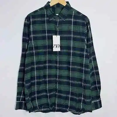 NWT Zara Man Green/Navy Plaid Fleece Button Down Shirt Long Sleeve Size Large • $31.20