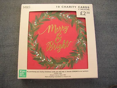 BNIB 10 Charity Xmas Cards 2 Designs Red Wreath Blue Mistletoe Metallic Gold M&S • £3.99