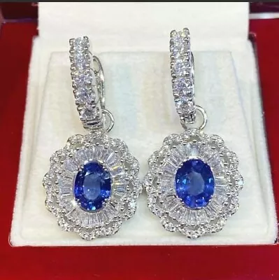 3.50Ct Oval Cut Lab-Created Tanzanite Drop/Dangle Earrings 14K White Gold Plated • £123.36