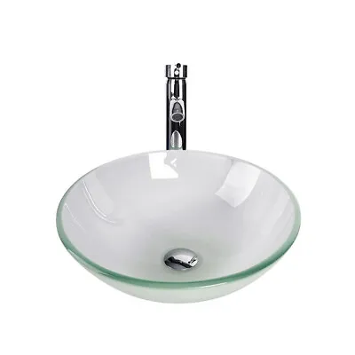 Round Vessel Sink Bathroom Basin Bowl Tempered Glass W/Faucet Pop-up Drain Set • $76.49