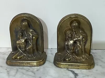 Gorgeous Old Vintage Brass Pair Of Christian Religious Bookends Titled Pieta • $75